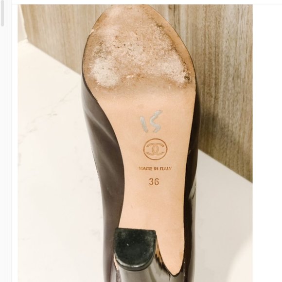 Chanel Tan & Black Leather Cap Toe Metal Platform Pumps w/ CHANEL engraving, 6 - Picture 12 of 12
